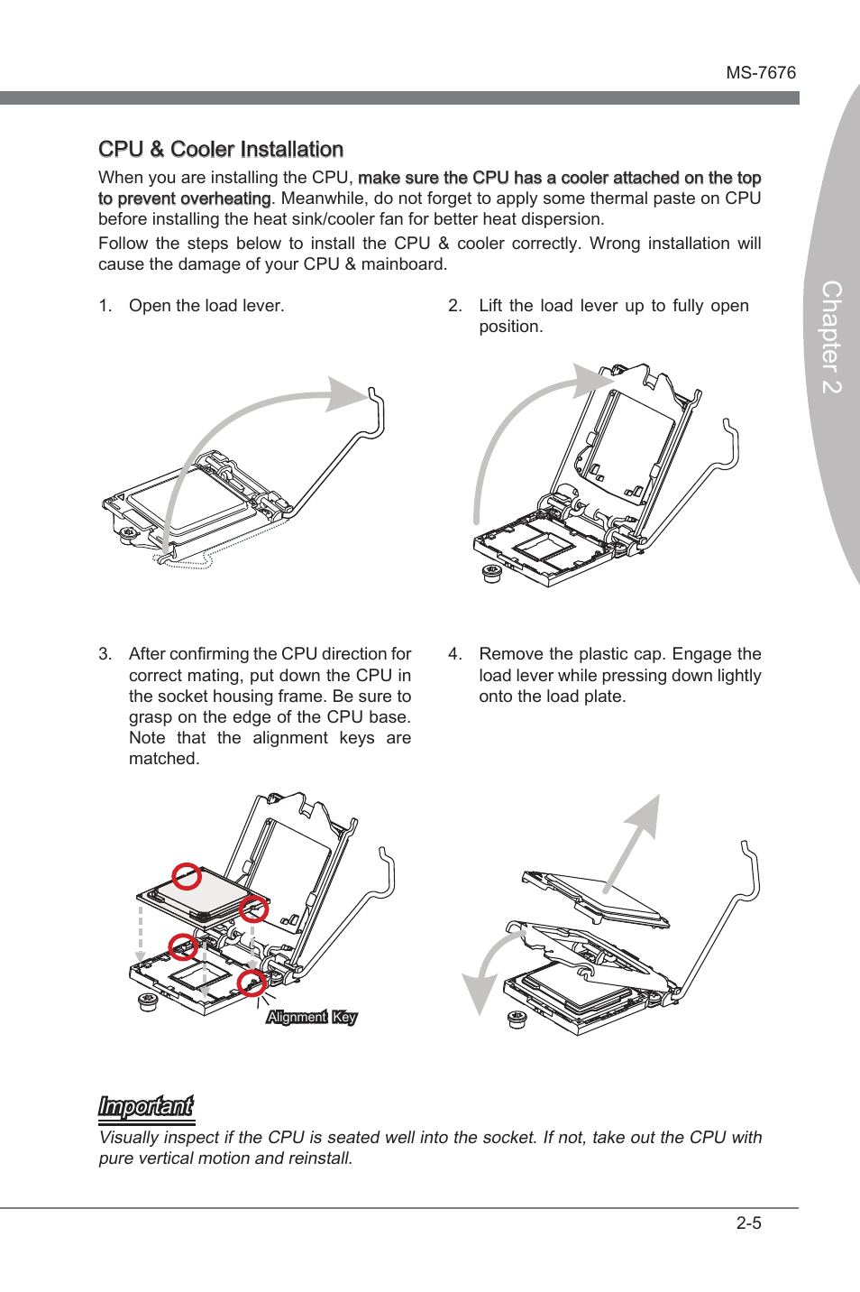 Chapter 2, Cpu & cooler installaton, Important | MSI Z68MA-ED55 (B3) User Manual | Page 21 / 82