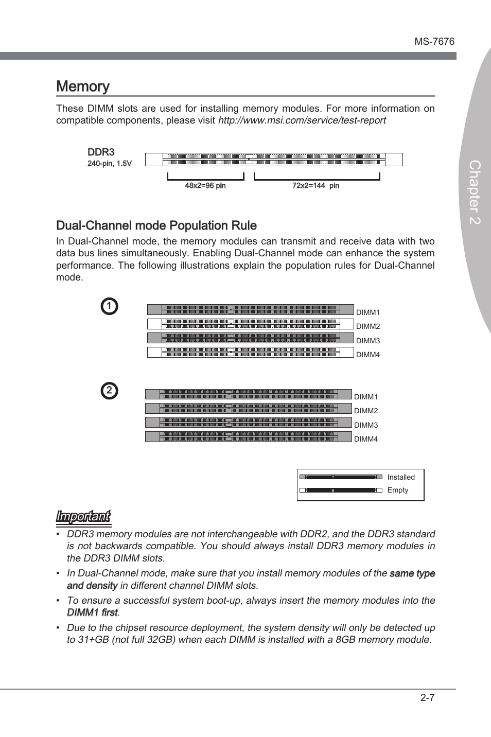 Dual-channel mode populaton rule, Important | MSI Z68MA-ED55 (B3) User Manual | Page 23 / 82