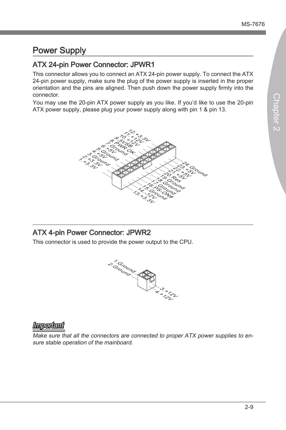 Chapter 2 power supply, Atx 24-pn power connector: jpwr1, Atx 4-pn power connector: jpwr2 | Important | MSI Z68MA-ED55 (B3) User Manual | Page 25 / 82