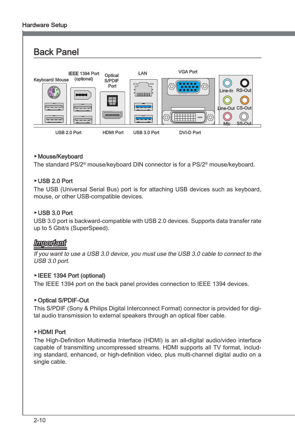 Back panel, Important | MSI Z68MA-ED55 (B3) User Manual | Page 26 / 82
