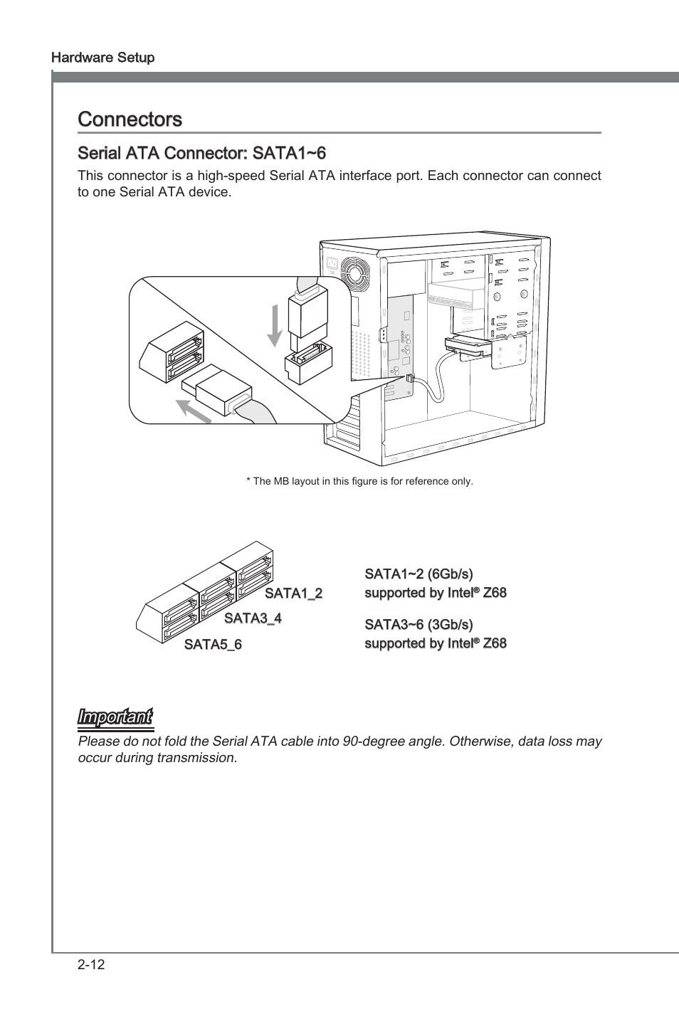 Connectors, Seral ata connector: sata1~6, Important | MSI Z68MA-ED55 (B3) User Manual | Page 28 / 82