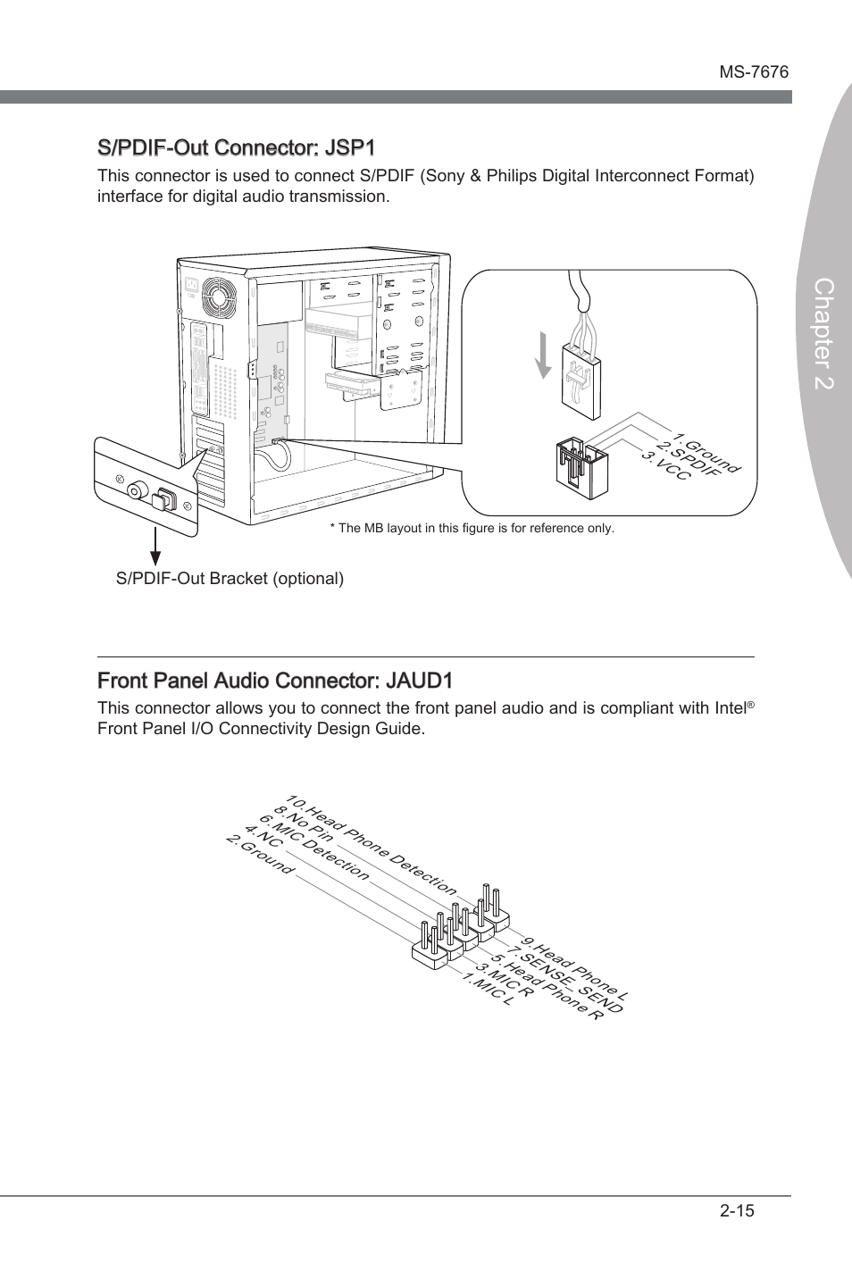 Chapter 2, S/pdif-out connector: jsp1, Front panel audo connector: jaud1 | MSI Z68MA-ED55 (B3) User Manual | Page 31 / 82