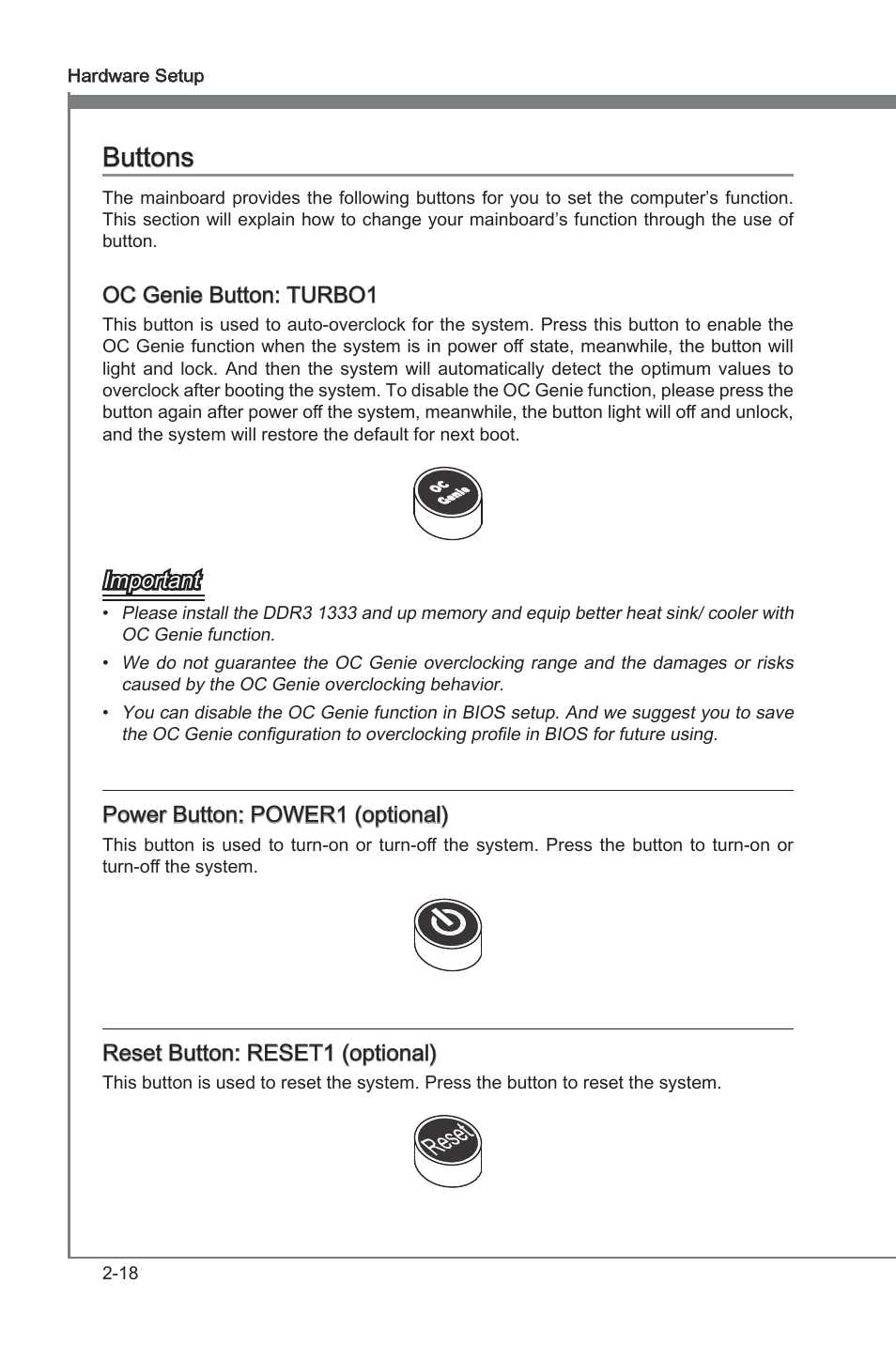 Buttons, Oc gene button: turbo1, Important | Power button: power1 (optonal), Reset button: reset1 (optonal) | MSI Z68MA-ED55 (B3) User Manual | Page 34 / 82