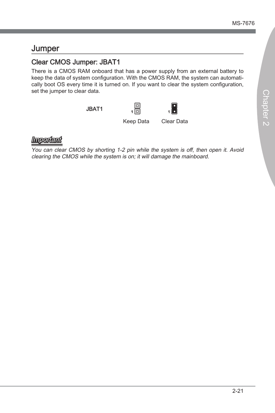 Chapter 2 jumper, Clear cmos jumper: jbat1, Important | MSI Z68MA-ED55 (B3) User Manual | Page 37 / 82