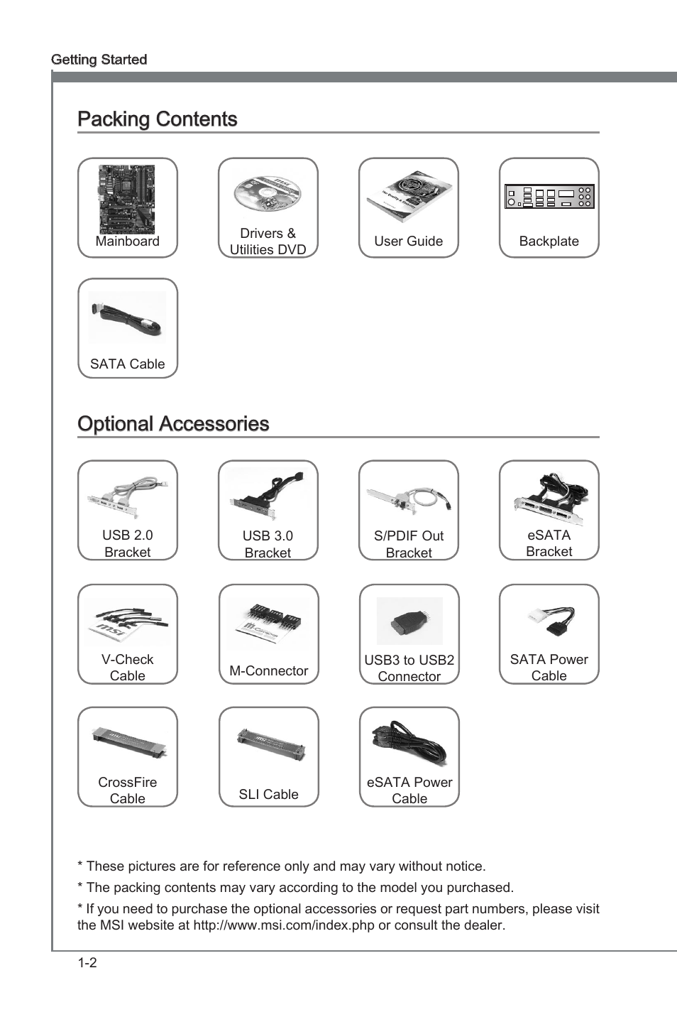 Packing contents, Optional accessories, Packng contents -2 optonal accessores -2 | Packng contents, Optonal accessores | MSI Z68A-GD80 (G3) Manual User Manual | Page 12 / 88