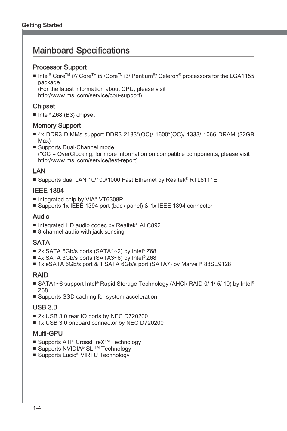 Mainboard specifications, Manboard specficatons -4, Manboard specficatons | MSI Z68A-GD80 (G3) Manual User Manual | Page 14 / 88