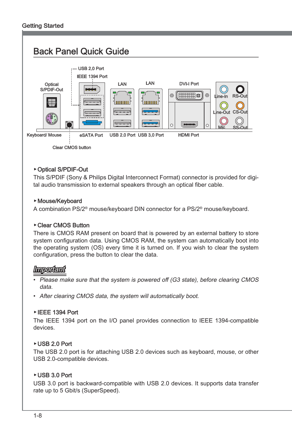 Back panel quick guide, Back panel quck gude -8, Back panel quck gude | Important | MSI Z68A-GD80 (G3) Manual User Manual | Page 18 / 88