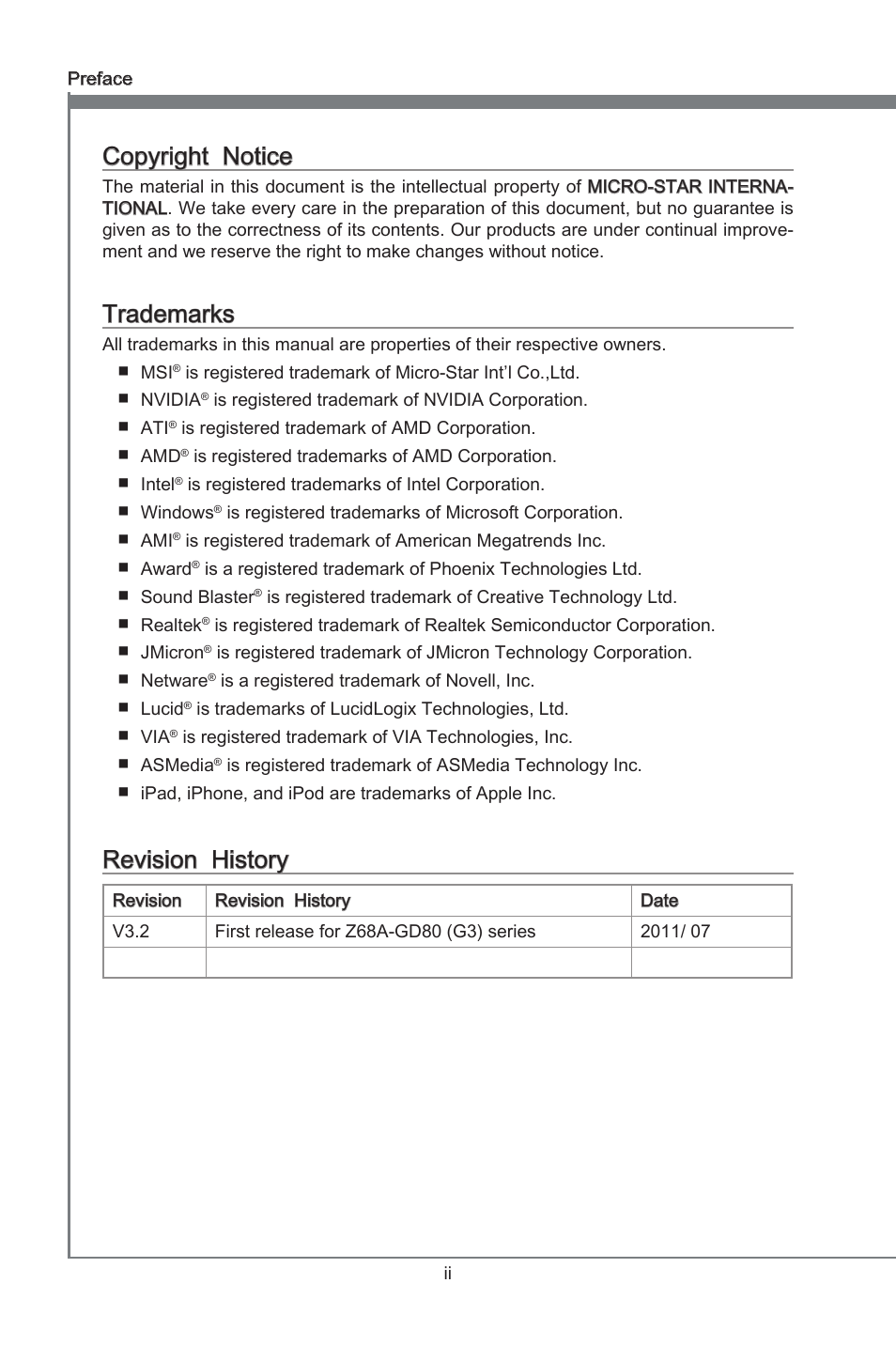 Copyright notice, Trademarks, Revision history | Preface, Copyrght notce, Revson hstory | MSI Z68A-GD80 (G3) Manual User Manual | Page 2 / 88