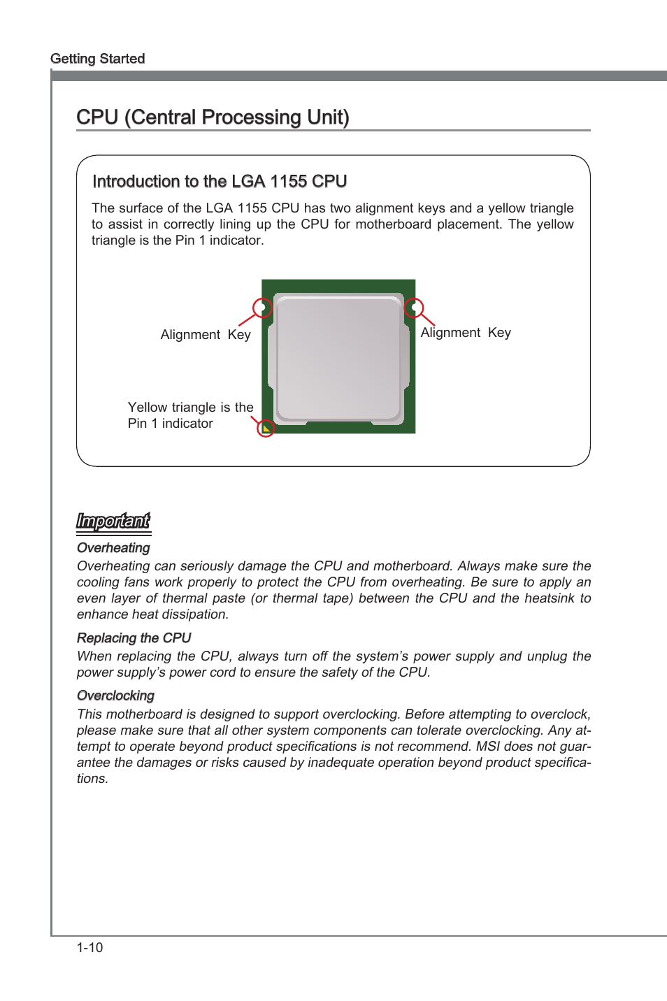 Cpu (central processing unit), Cpu (central processng unt) -10, Cpu (central processng unt) | Introducton to the lga 1155 cpu, Important | MSI Z68A-GD80 (G3) Manual User Manual | Page 20 / 88