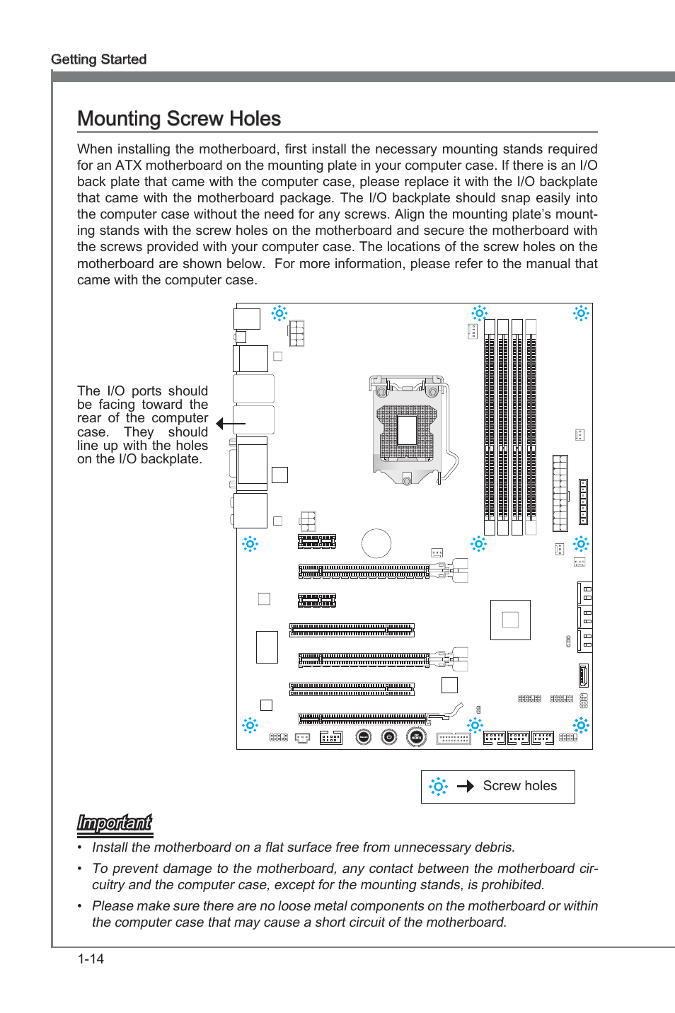 Mounting screw holes, Mountng screw holes -14, Mountng screw holes | Important | MSI Z68A-GD80 (G3) Manual User Manual | Page 24 / 88