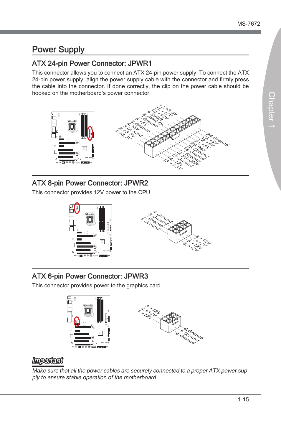 Power supply, Power supply -15, Chapter 1 power supply | Atx 24-pn power connector: jpwr1, Atx 8-pn power connector: jpwr2, Atx 6-pn power connector: jpwr3, Important | MSI Z68A-GD80 (G3) Manual User Manual | Page 25 / 88