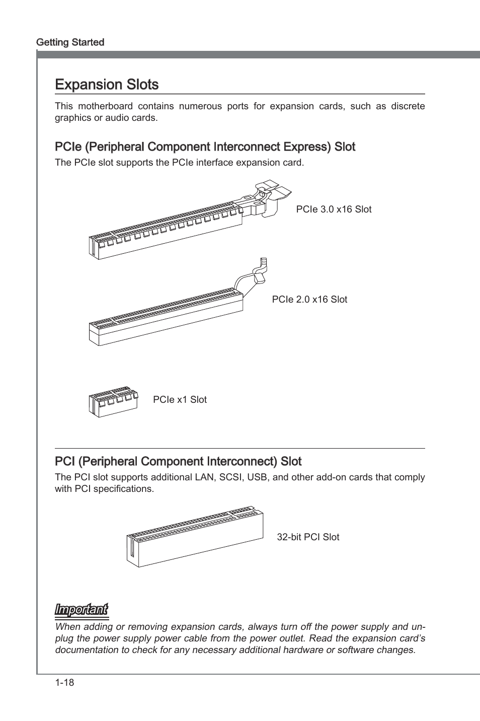 Expansion slots, Expanson slots -18, Expanson slots | Pci (perpheral component interconnect) slot, Important | MSI Z68A-GD80 (G3) Manual User Manual | Page 28 / 88