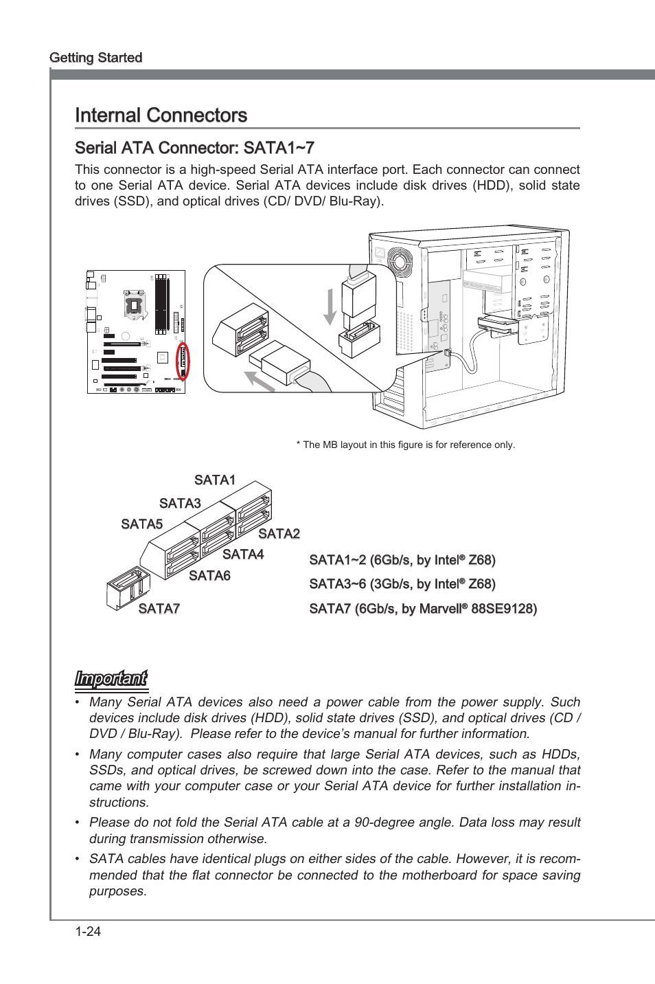 Internal connectors, Internal connectors -24, Seral ata connector: sata1~7 | Important | MSI Z68A-GD80 (G3) Manual User Manual | Page 34 / 88