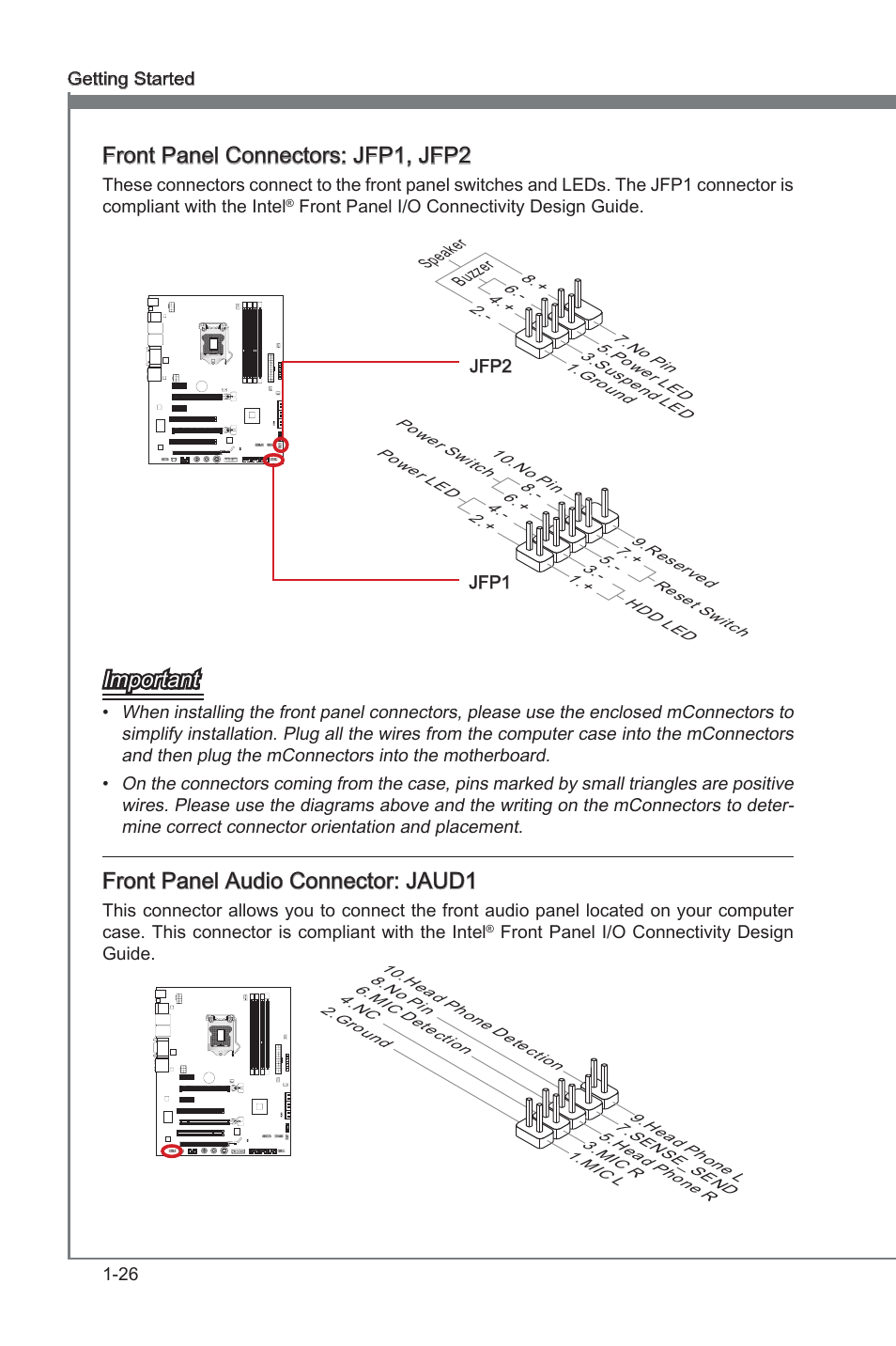Front panel connectors: jfp1, jfp2, Important, Front panel audo connector: jaud1 | MSI Z68A-GD80 (G3) Manual User Manual | Page 36 / 88