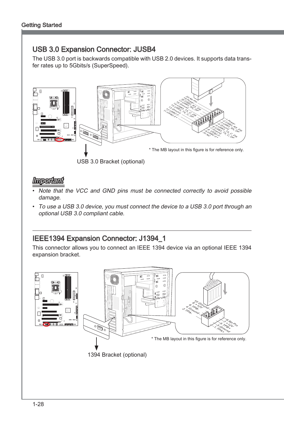 Usb 3.0 expanson connector: jusb4, Important, 28 gettng started | Usb 3.0 bracket (optonal), 1394 bracket (optonal) | MSI Z68A-GD80 (G3) Manual User Manual | Page 38 / 88