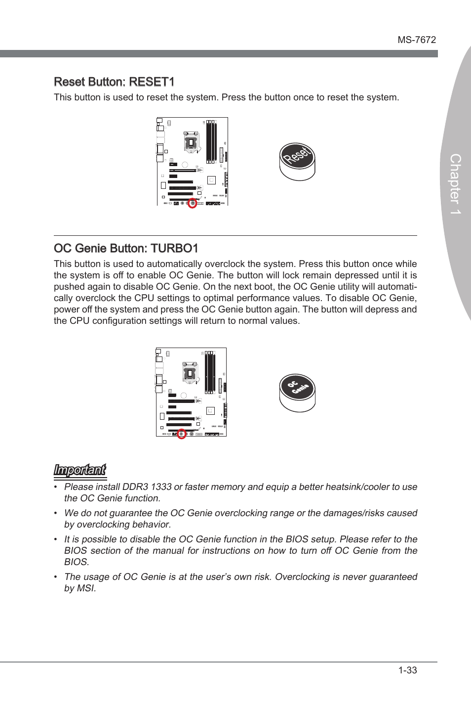 Chapter 1, Reset button: reset1, Oc gene button: turbo1 | Important | MSI Z68A-GD80 (G3) Manual User Manual | Page 43 / 88