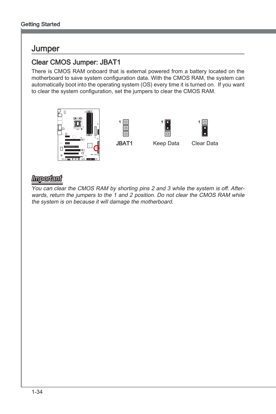 Jumper, Jumper -34, Clear cmos jumper: jbat1 | Important | MSI Z68A-GD80 (G3) Manual User Manual | Page 44 / 88