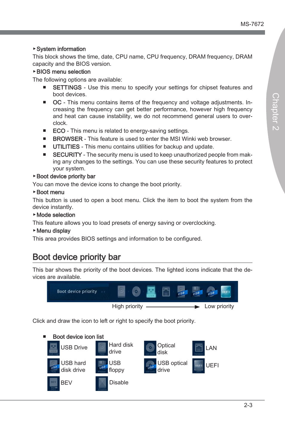 Boot device priority bar, Boot devce prorty bar -3, Chapter 2 | Boot devce prorty bar | MSI Z68A-GD80 (G3) Manual User Manual | Page 49 / 88