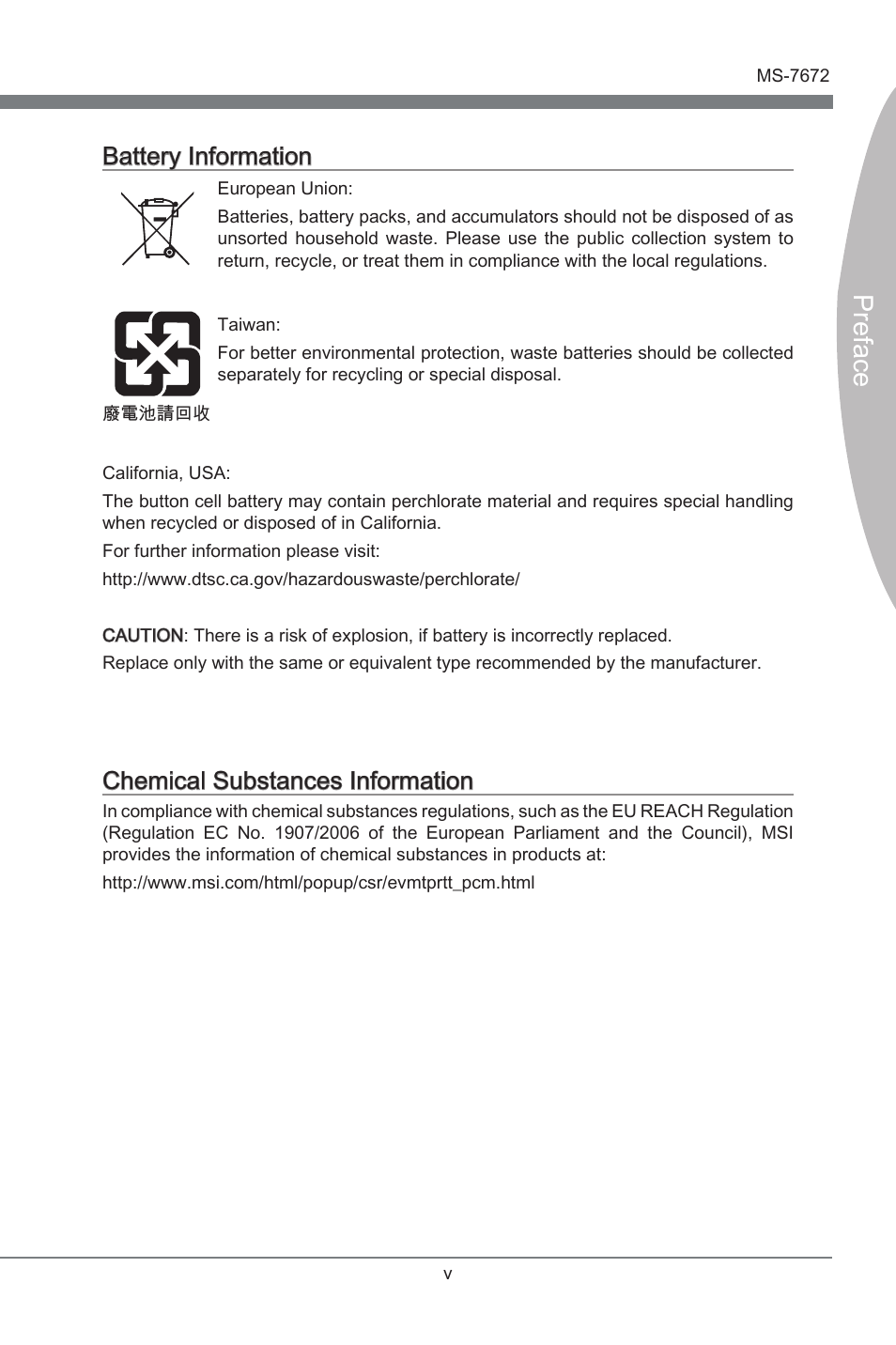 Battery information, Chemical substances information, Preface | MSI Z68A-GD80 (G3) Manual User Manual | Page 5 / 88