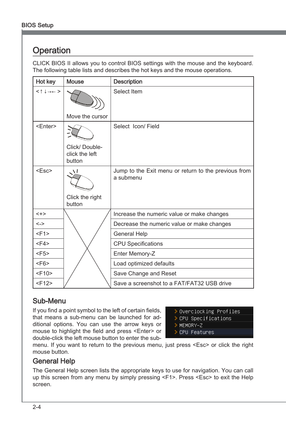 Operation, Operaton -4, Chapter 2 | Chapter 2 operaton, Sub-menu, General help | MSI Z68A-GD80 (G3) Manual User Manual | Page 50 / 88