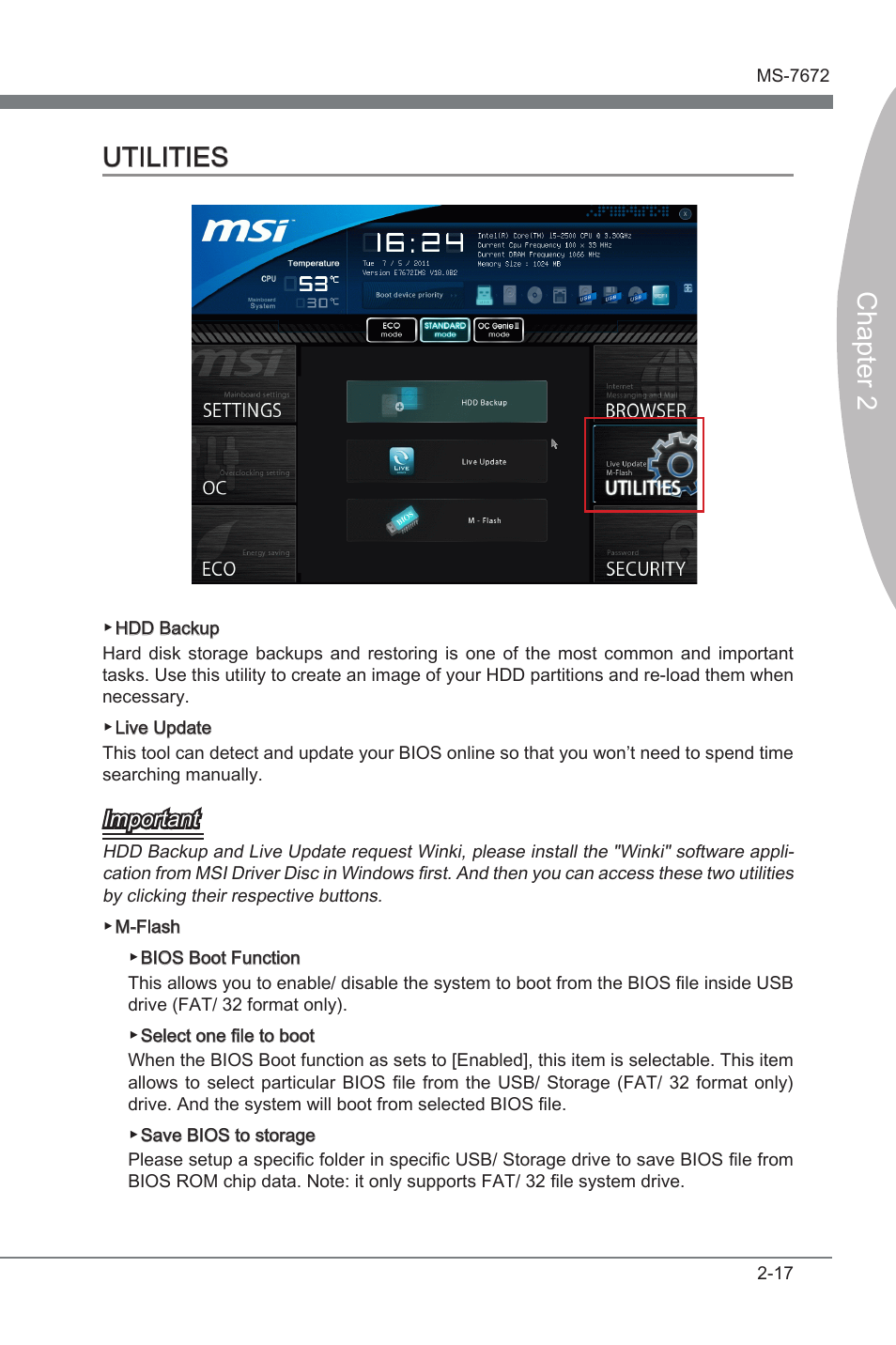 Utilities, Utilities -17, Chapter 2 | Chapter 2 utilities, Important | MSI Z68A-GD80 (G3) Manual User Manual | Page 63 / 88