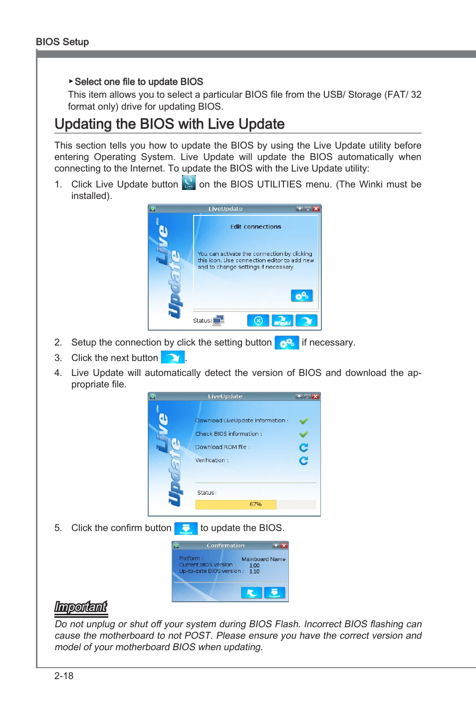 Updating the bios with live update, Updatng the bios wth lve update -18, Chapter 2 | Updatng the bios wth lve update, Important | MSI Z68A-GD80 (G3) Manual User Manual | Page 64 / 88