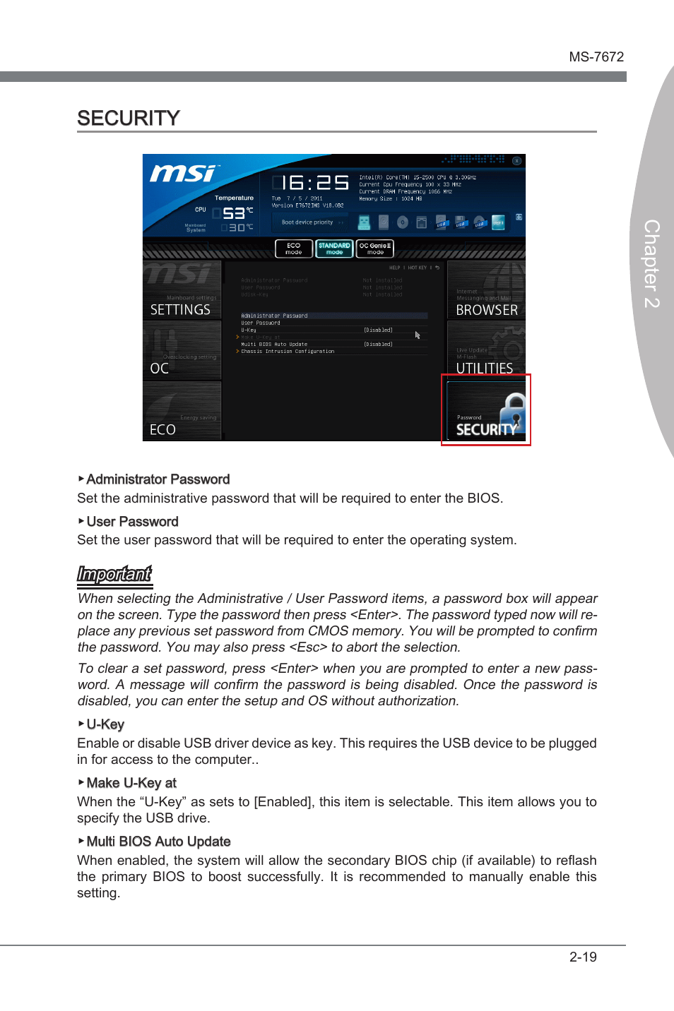 Security, Security -19, Chapter 2 | Chapter 2 security, Important | MSI Z68A-GD80 (G3) Manual User Manual | Page 65 / 88