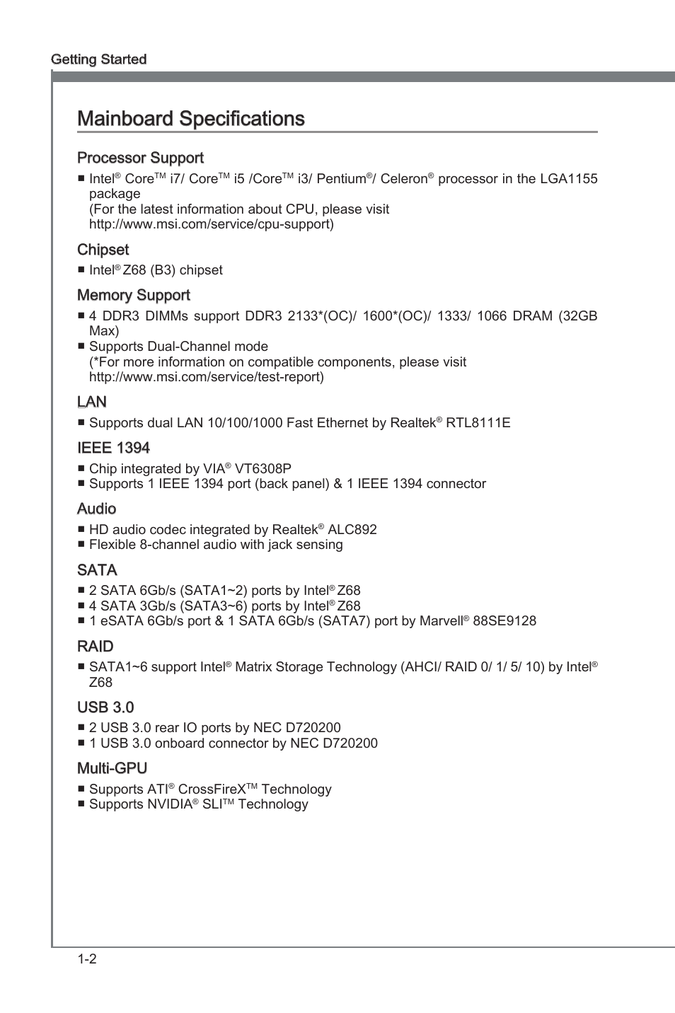 Mainboard specifications, Manboard specficatons -2, Manboard specficatons | MSI Z68A-GD80 (B3) Manual User Manual | Page 12 / 84