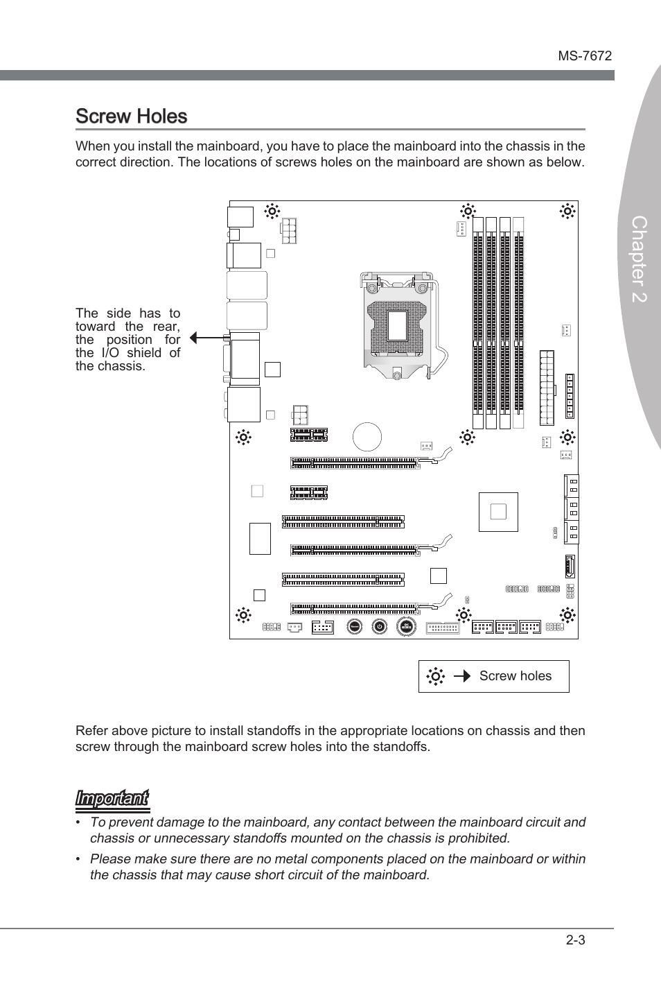 Screw holes, Screw holes -3, Chapter 2 screw holes | Important | MSI Z68A-GD80 (B3) Manual User Manual | Page 19 / 84