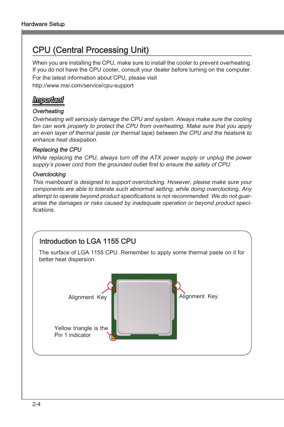 Cpu (central processing unit), Cpu (central processng unt) -4, Cpu (central processng unt) | Important, Introducton to lga 1155 cpu | MSI Z68A-GD80 (B3) Manual User Manual | Page 20 / 84