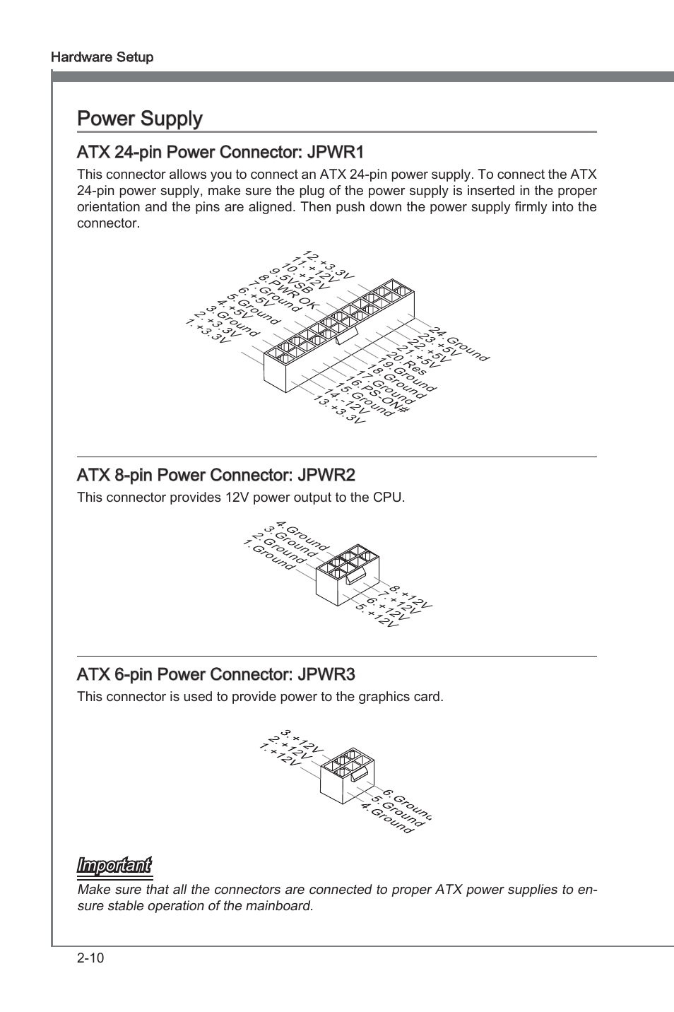 Power supply, Power supply -10, Atx 24-pn power connector: jpwr1 | Atx 8-pn power connector: jpwr2, Atx 6-pn power connector: jpwr3, Important | MSI Z68A-GD80 (B3) Manual User Manual | Page 26 / 84