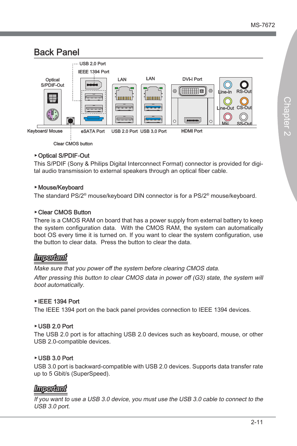 Back panel, Back panel -11, Chapter 2 back panel | Important | MSI Z68A-GD80 (B3) Manual User Manual | Page 27 / 84