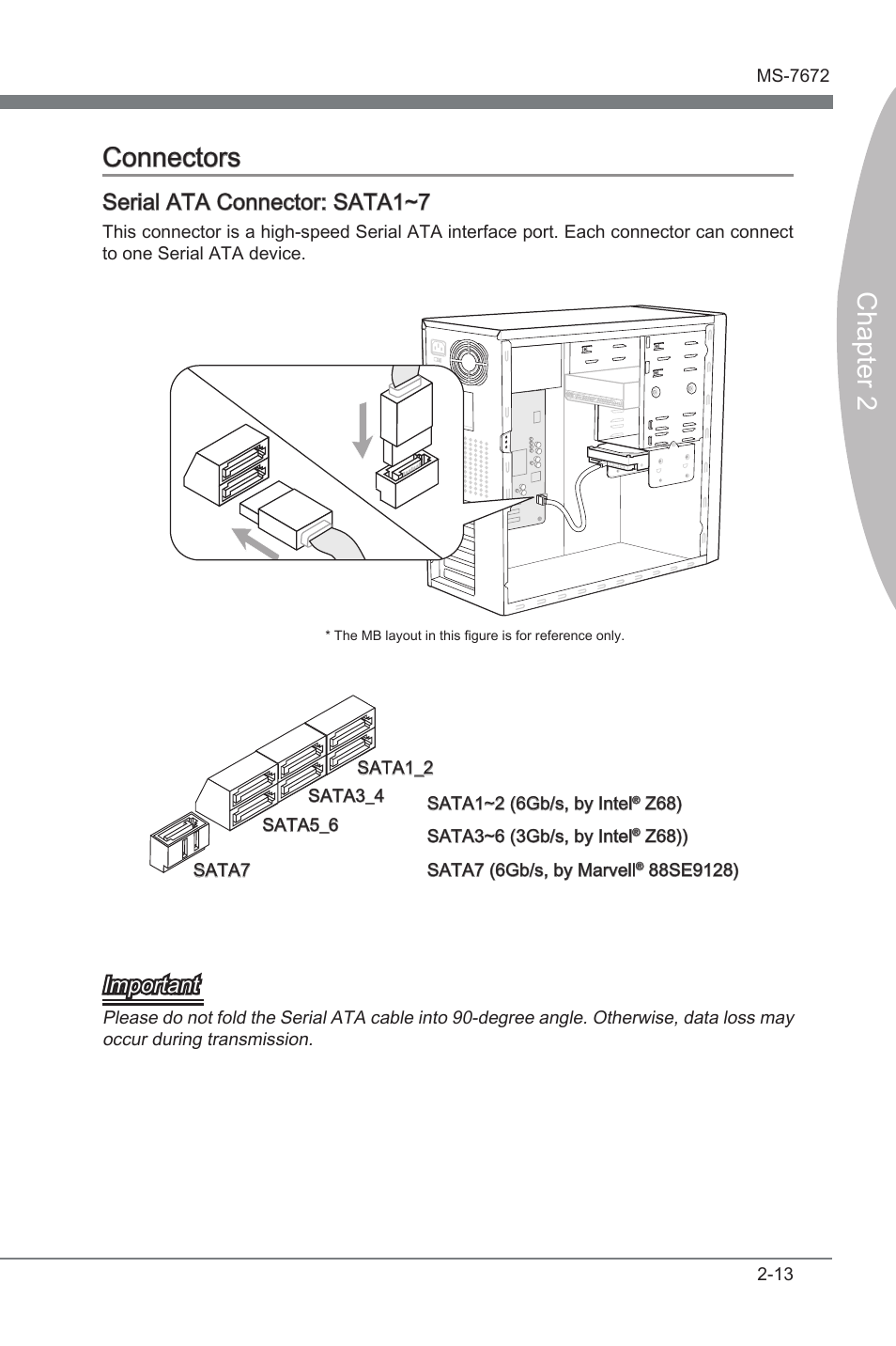 Connectors, Connectors -13, Chapter 2 connectors | Seral ata connector: sata1~7, Important | MSI Z68A-GD80 (B3) Manual User Manual | Page 29 / 84