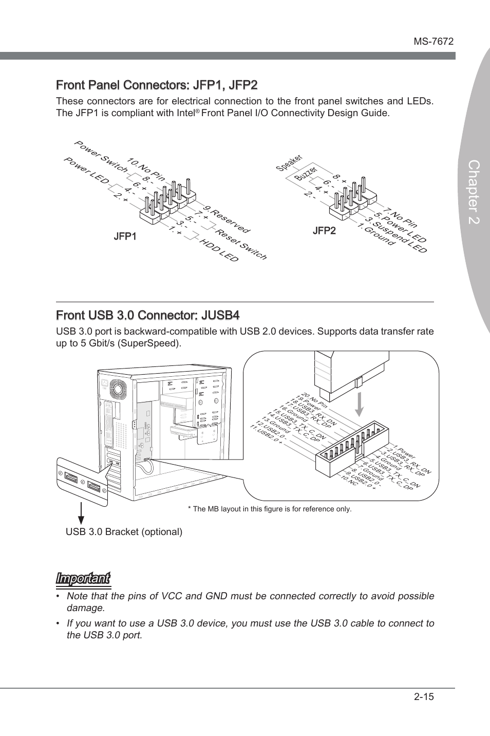 Chapter 2, Front panel connectors: jfp1, jfp2, Front usb 3.0 connector: jusb4 | Important, Front panel i/o connectvty desgn gude, Buzz er spea ker, Jfp1 jfp2, Usb 3.0 bracket (optonal) | MSI Z68A-GD80 (B3) Manual User Manual | Page 31 / 84