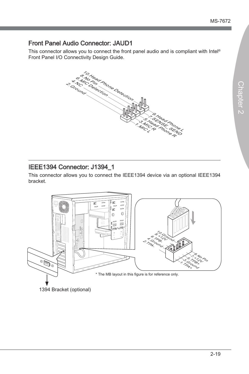 Chapter 2, Front panel audo connector: jaud1 | MSI Z68A-GD80 (B3) Manual User Manual | Page 35 / 84