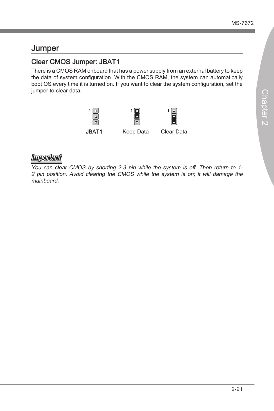 Jumper, Jumper -21, Chapter 2 jumper | Clear cmos jumper: jbat1, Important | MSI Z68A-GD80 (B3) Manual User Manual | Page 37 / 84