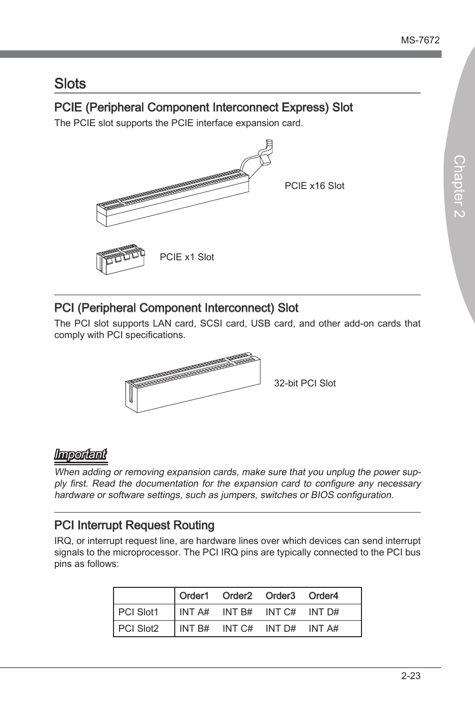 Slots, Slots -23, Chapter 2 slots | Pci (perpheral component interconnect) slot, Important, Pci interrupt request routng | MSI Z68A-GD80 (B3) Manual User Manual | Page 39 / 84