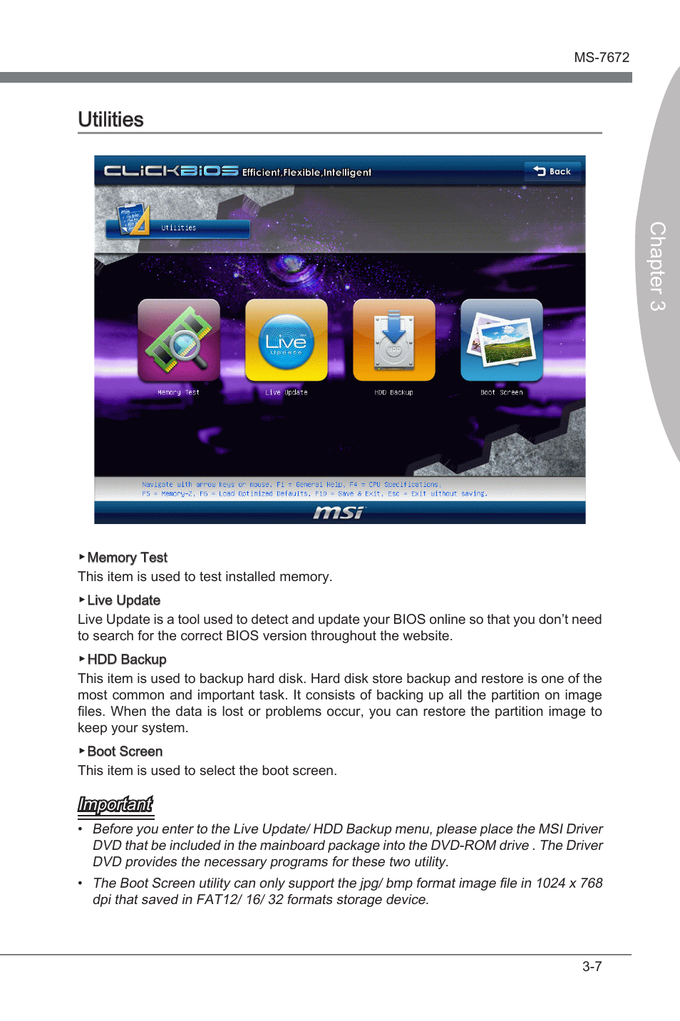 Utilities, Utltes -7, Chapter 3 utltes | Important | MSI Z68A-GD80 (B3) Manual User Manual | Page 47 / 84