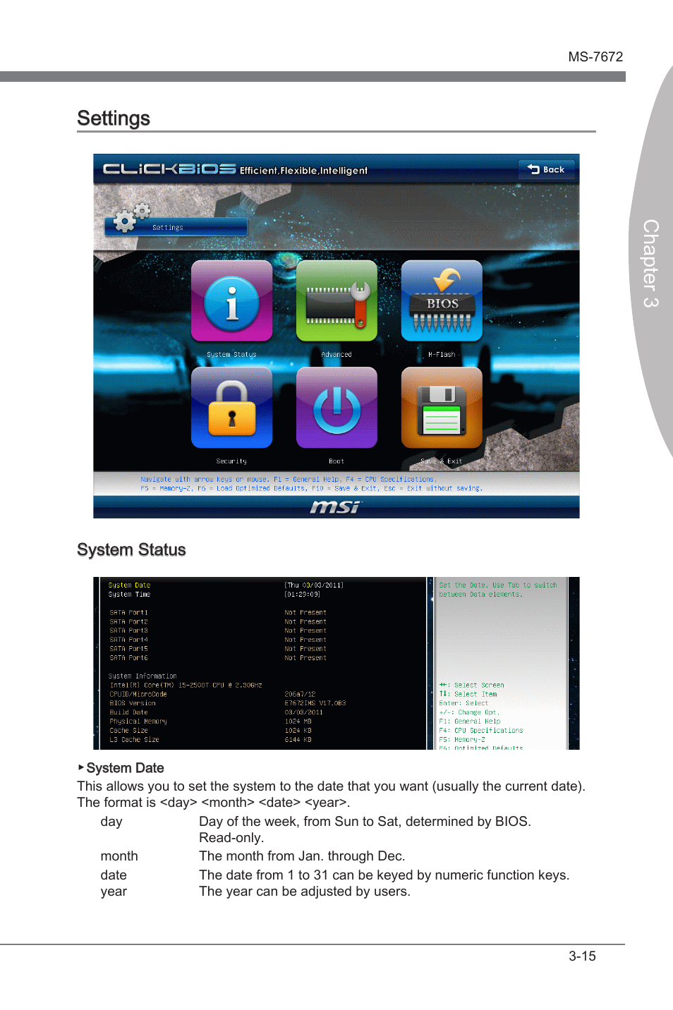 Settings, Settngs -15, Chapter 3 settngs | System status | MSI Z68A-GD80 (B3) Manual User Manual | Page 55 / 84