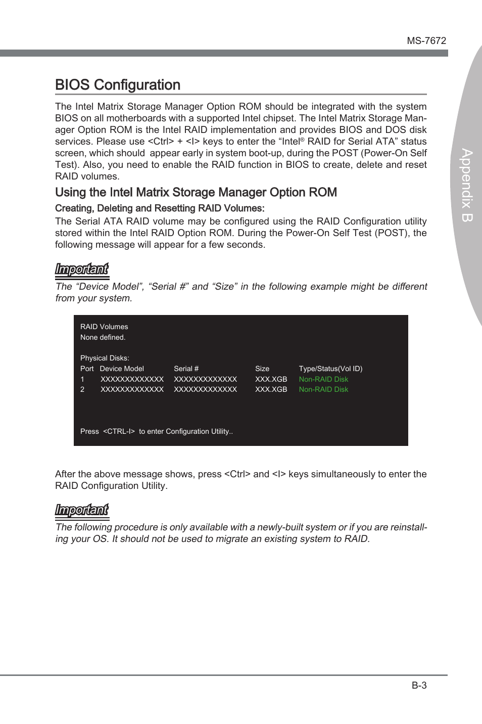 Bios configuration, Append x b, Append x b bios configuraton | Usng the intel matrx storage manager opton rom, Important | MSI Z68A-GD80 (B3) Manual User Manual | Page 73 / 84