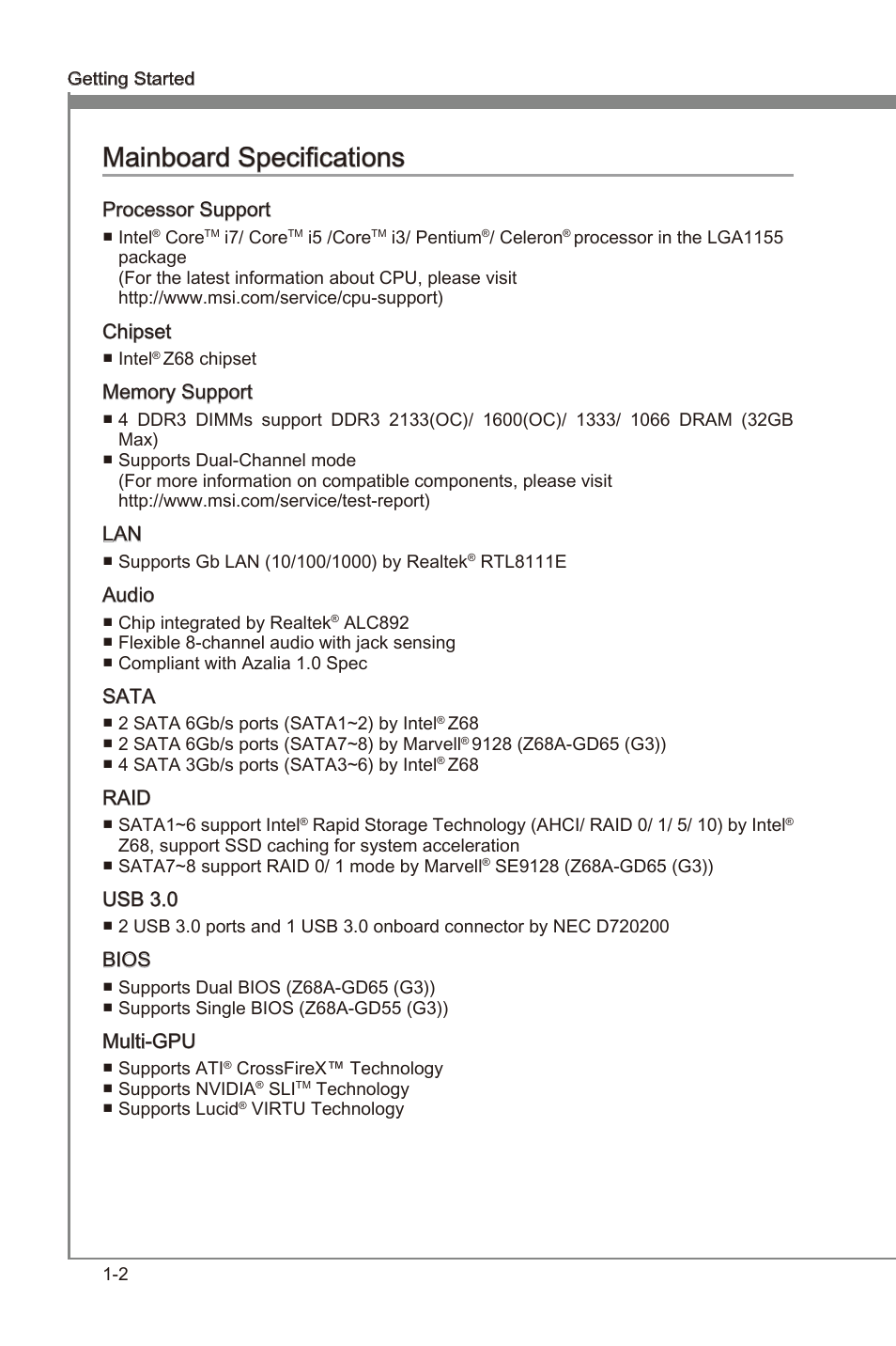 Manboard specficatons -2, Manboard specficatons | MSI Z68A-GD55 (G3) User Manual | Page 12 / 80