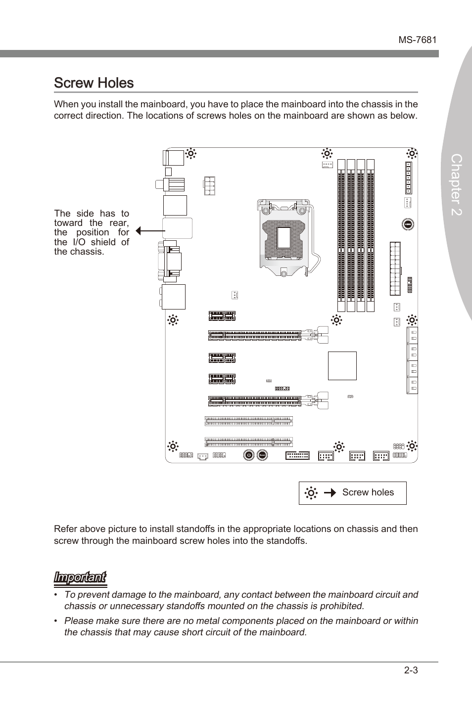 Screw holes -3, Chapter 2 screw holes, Important | MSI Z68A-GD55 (G3) User Manual | Page 19 / 80