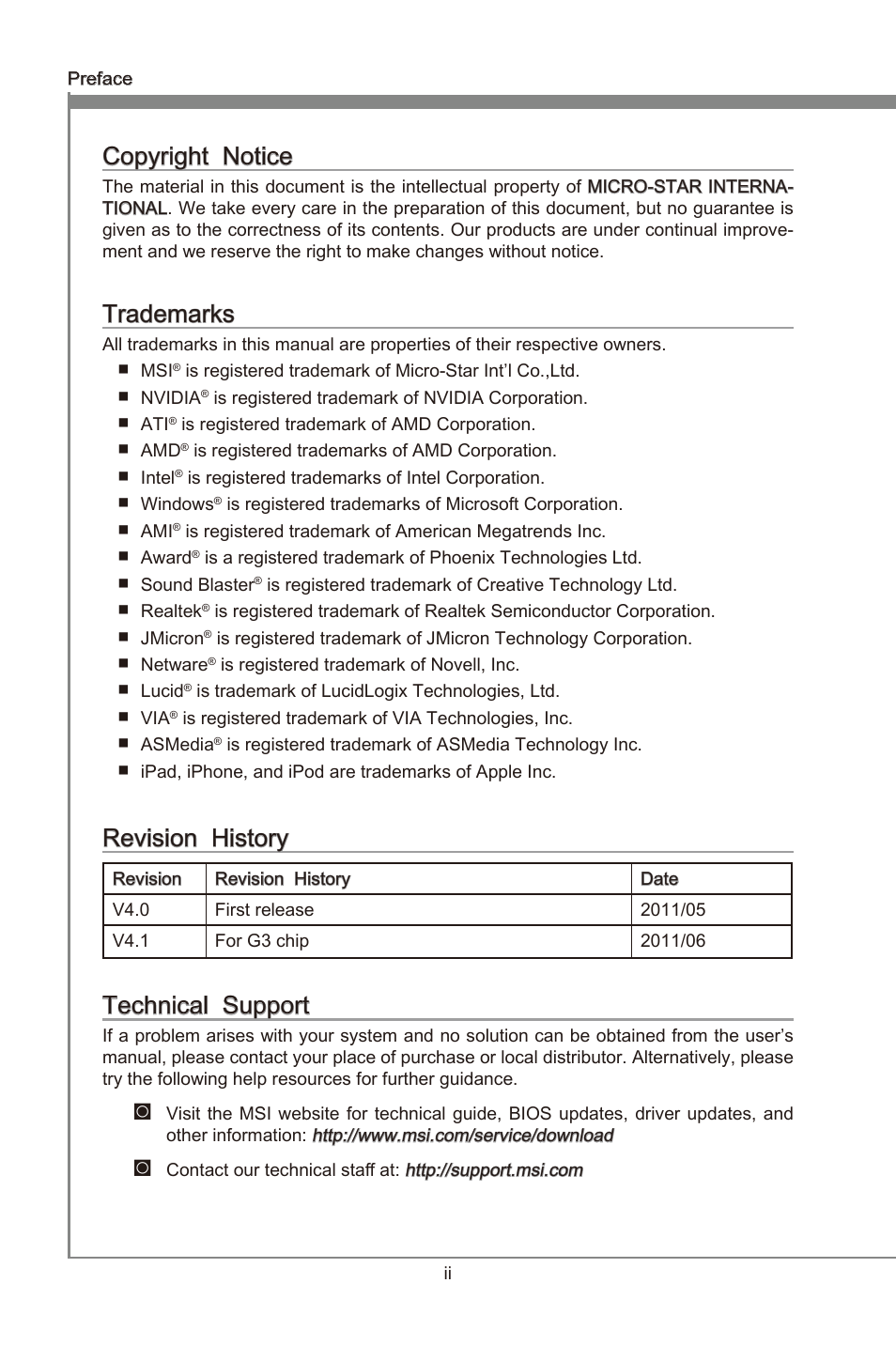 Preface, Copyrght notce, Trademarks | Revson hstory, Techncal support | MSI Z68A-GD55 (G3) User Manual | Page 2 / 80