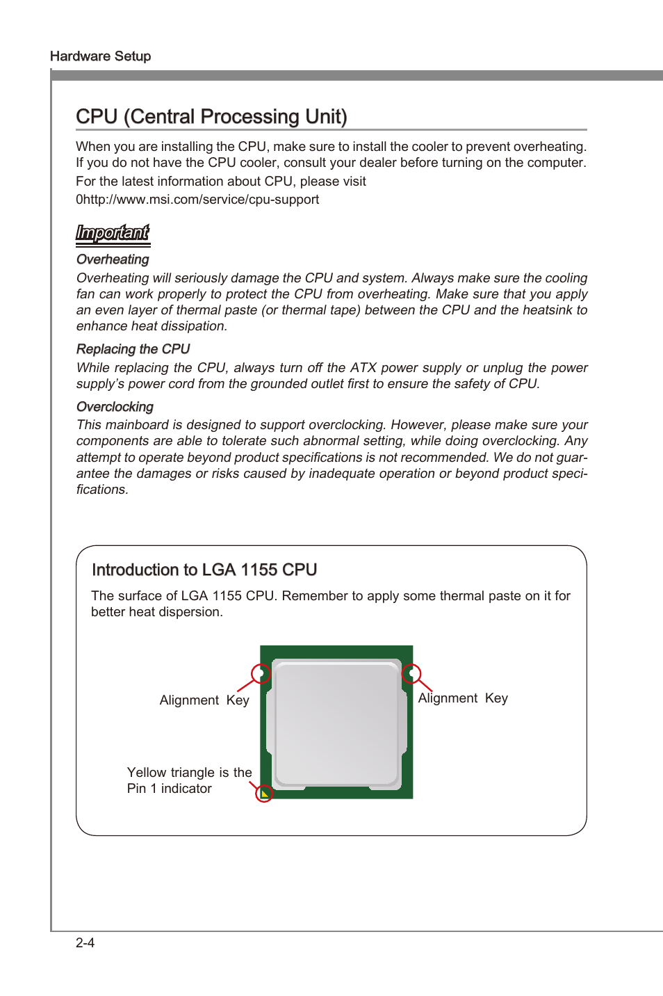 Cpu (central processng unt) -4, Cpu (central processng unt), Important | Introducton to lga 1155 cpu | MSI Z68A-GD55 (G3) User Manual | Page 20 / 80