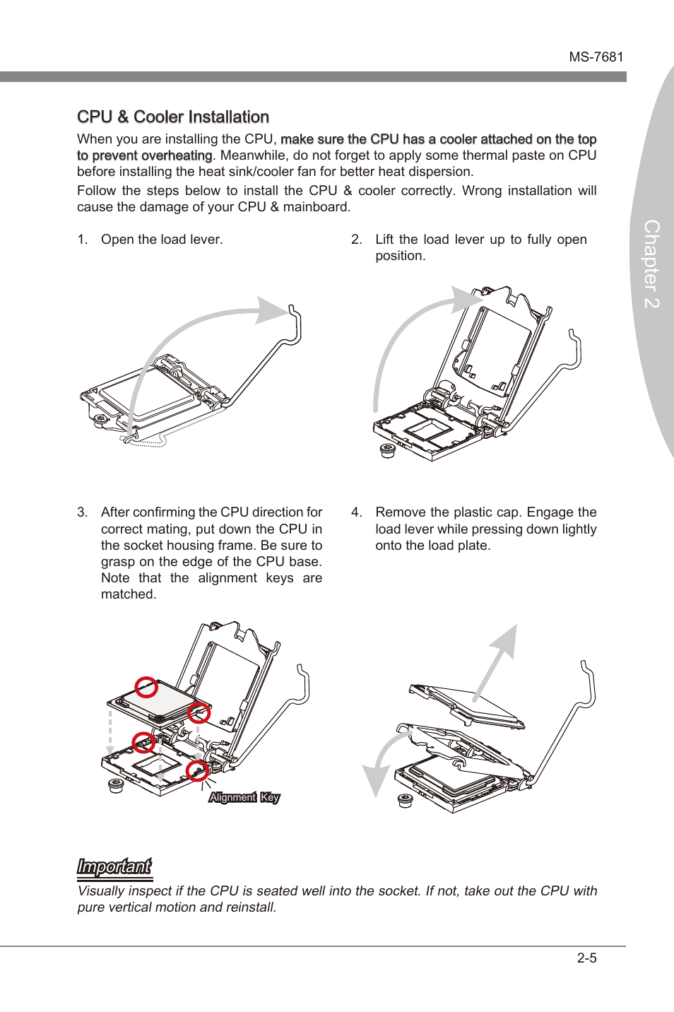 Chapter 2, Cpu & cooler installaton, Important | MSI Z68A-GD55 (G3) User Manual | Page 21 / 80