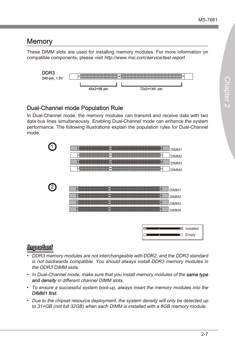 Memory -7, Dual-channel mode populaton rule, Important | MSI Z68A-GD55 (G3) User Manual | Page 23 / 80