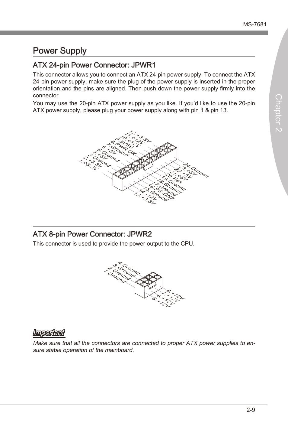 Power supply -9, Chapter 2 power supply, Atx 24-pn power connector: jpwr1 | Atx 8-pn power connector: jpwr2, Important | MSI Z68A-GD55 (G3) User Manual | Page 25 / 80
