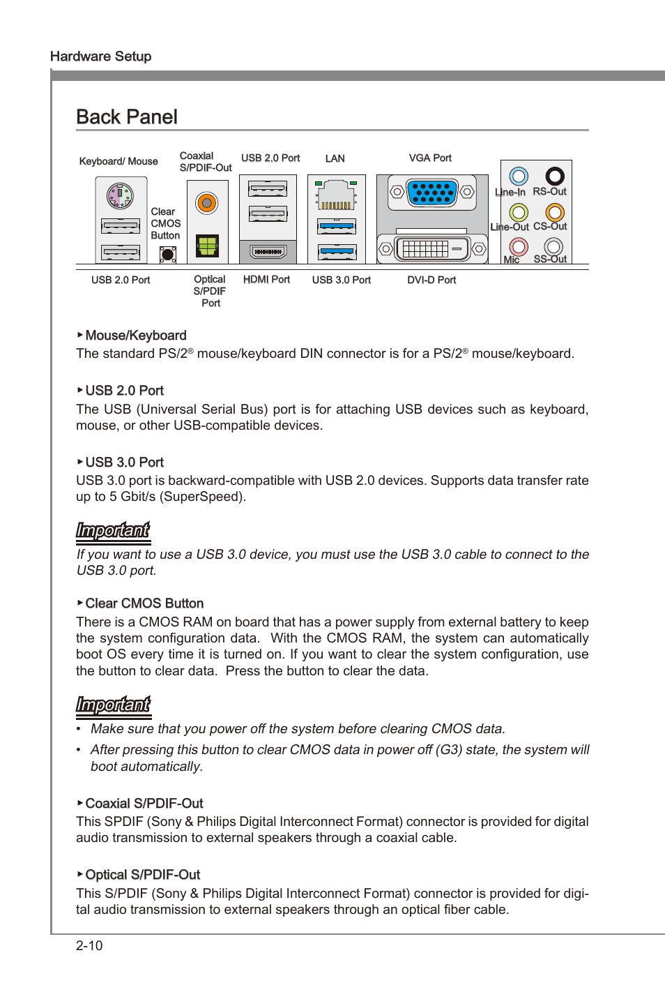 Back panel -10, Back panel, Important | MSI Z68A-GD55 (G3) User Manual | Page 26 / 80