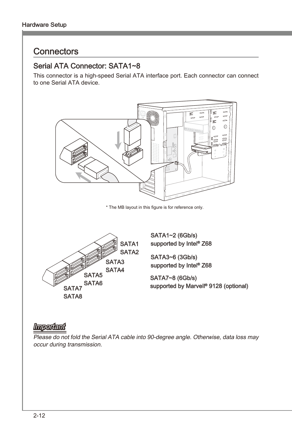 Connectors -12, Connectors, Seral ata connector: sata1~8 | Important | MSI Z68A-GD55 (G3) User Manual | Page 28 / 80