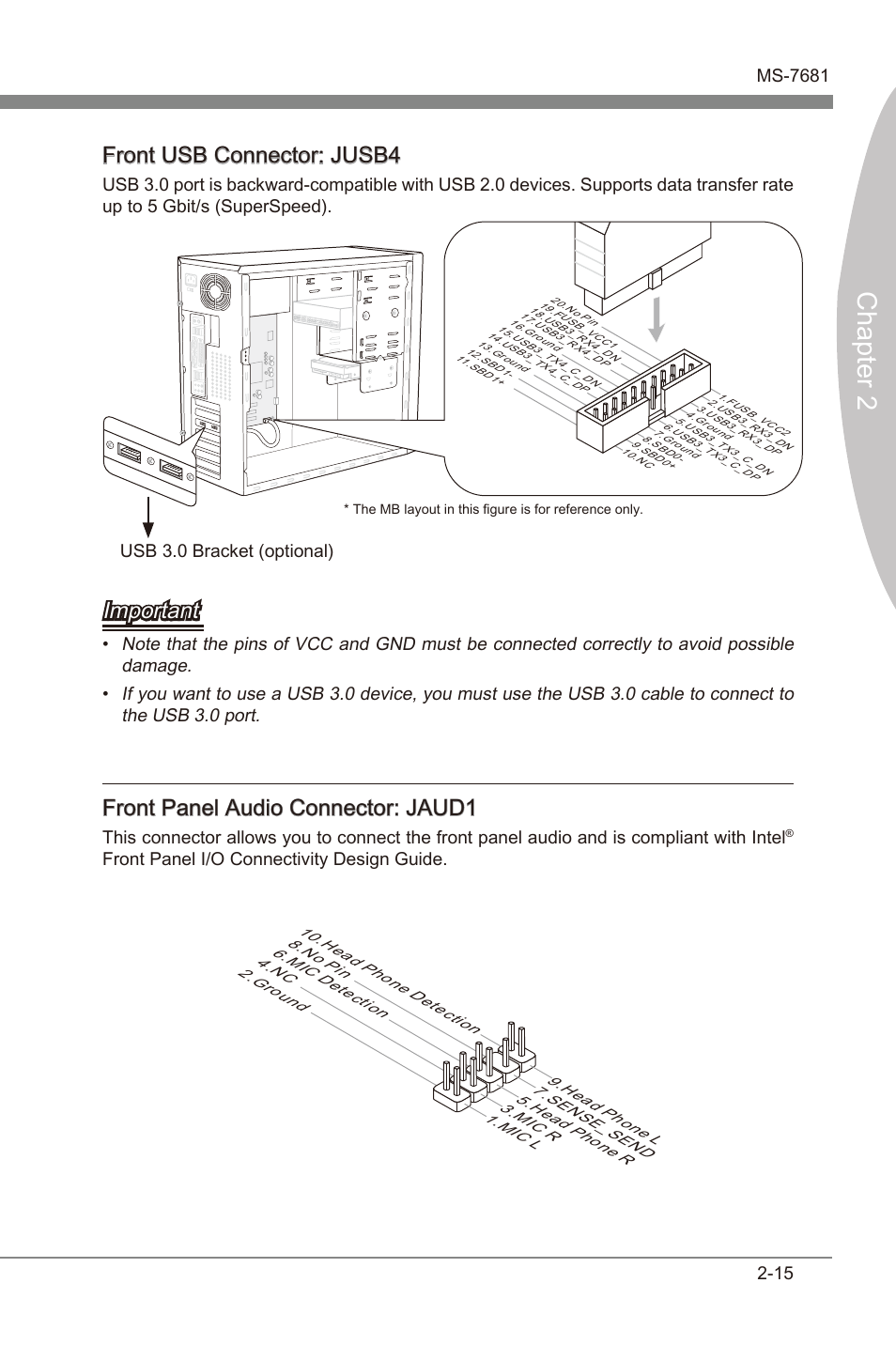 Chapter 2, Front usb connector: jusb4, Important | Front panel audo connector: jaud1, Usb 3.0 bracket (optonal), Front panel i/o connectvty desgn gude | MSI Z68A-GD55 (G3) User Manual | Page 31 / 80